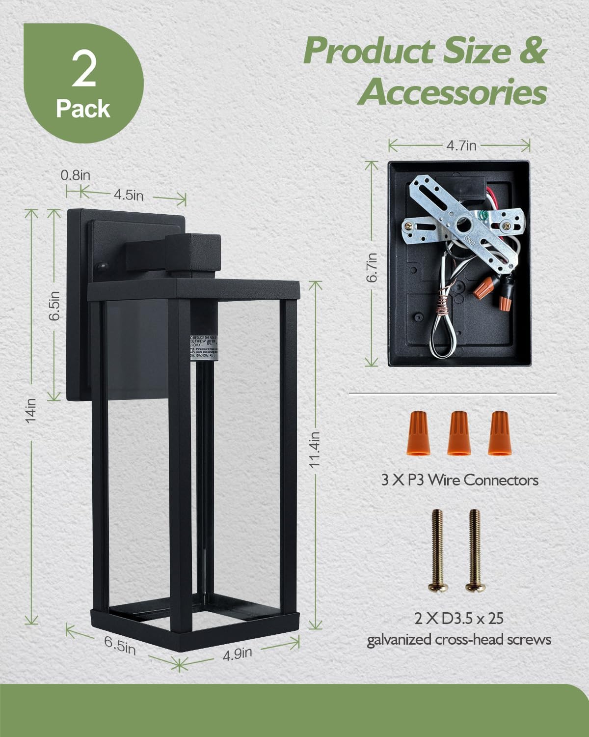 LITFIT 14'' Outdoor Light Fixtures Wall Mount, Matte Black Aluminum Wall Lantern, Hardwired Outside Sconce Lights for House, Front Door, Porch, Garage, 2-Pack, Bulbs Not Included